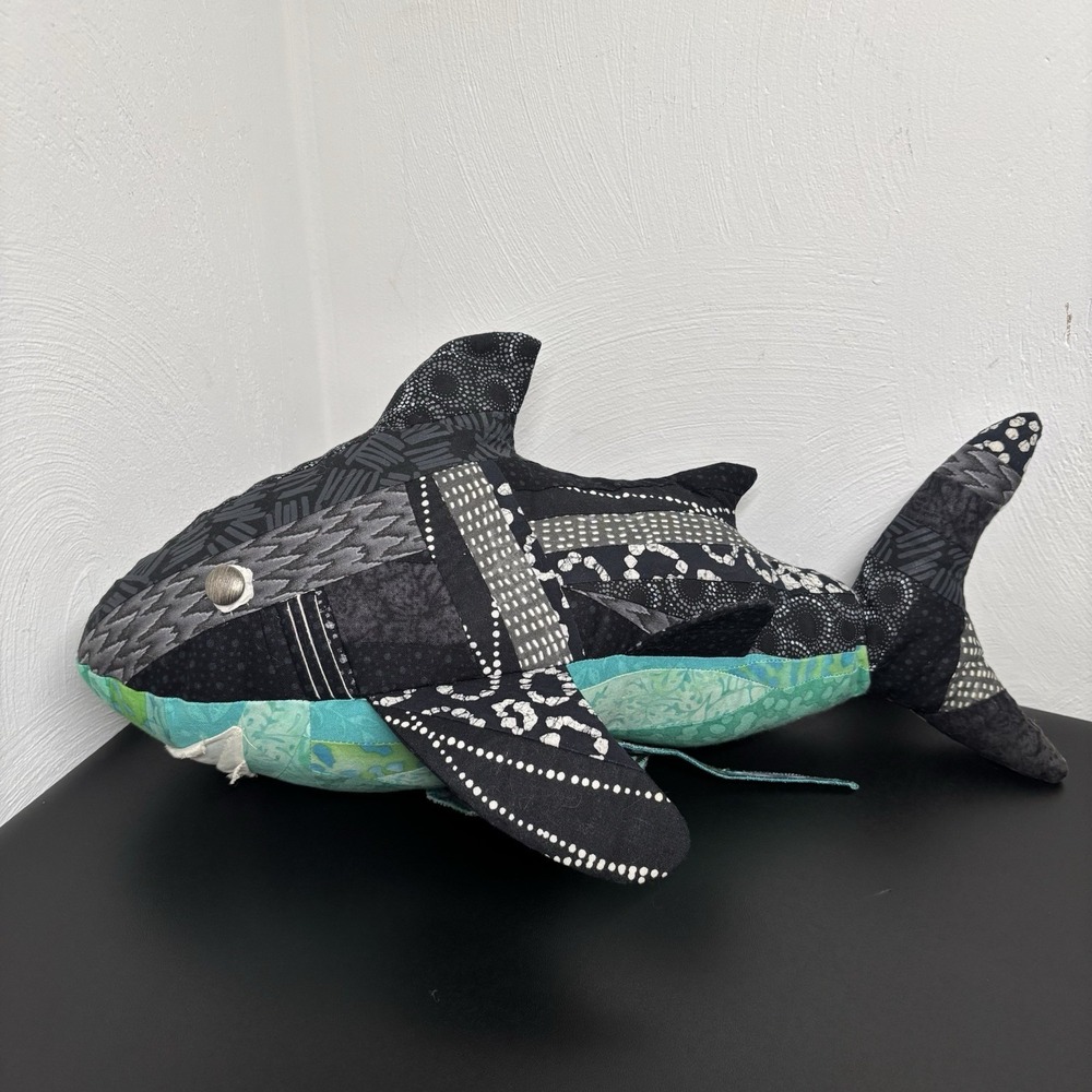 Handmade Fabric‎ Shark Plush Collectible Textile Abstract 16x8 Black Teal Art